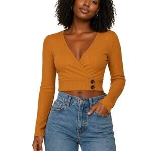 Active USA Ribbed Mustard Wrap Front Soft Crop Top Mustard Y2K Long Sleeve Small